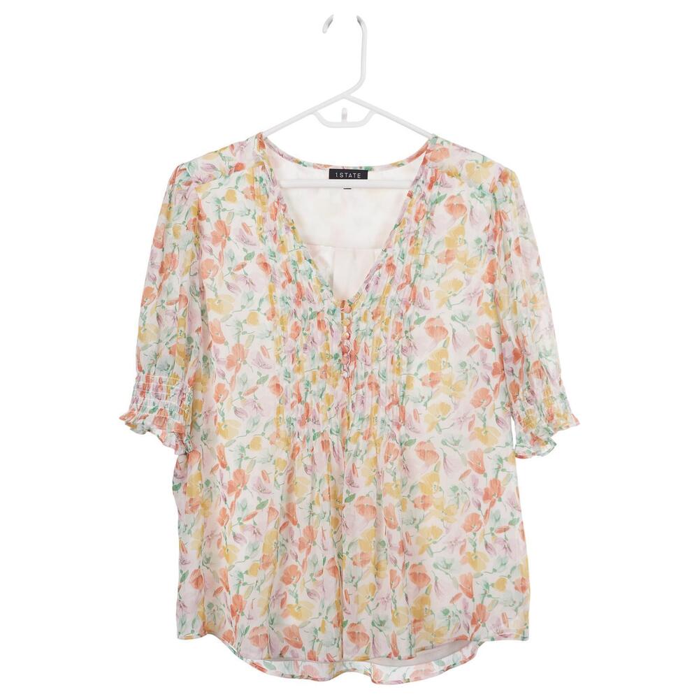 1. STATE Top XL Floral Print Pintuck Pleats 1/2 Short Sleeves V-Neck Casual